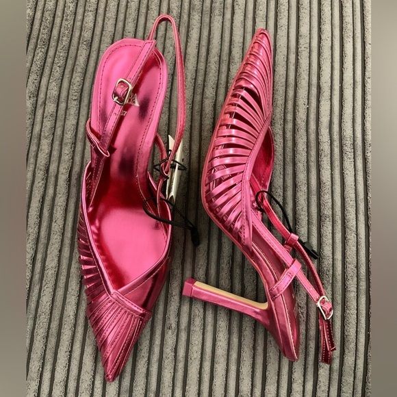 Zara size 39 fuchsia pink metallic strappy stiletto pump slingback heels - Picture 7 of 7